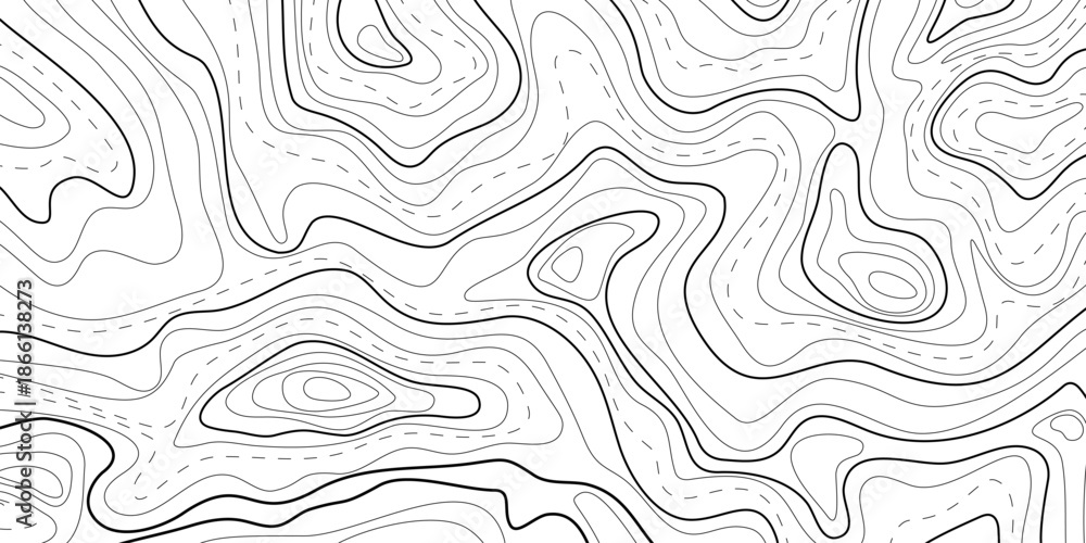 Fototapeta premium Map of topographic relief lines, illustration of relief contour Topographic landscape surface Concept of conditional geography scheme, terrain path Cartographic texture of abstract ocean relief banner