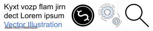 Financial analysis, engineering, planning, economy, technology, problem-solving. Dollar symbol, gear mechanism magnifying glass. Financial analysis and engineering concept
