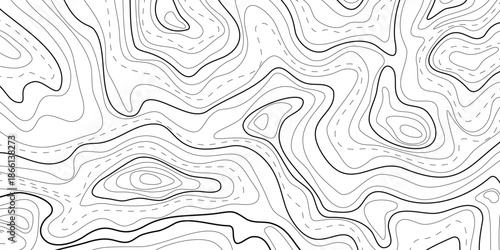 Map of topographic relief lines, illustration of relief contour Topographic landscape surface Concept of conditional geography scheme, terrain path Cartographic texture of abstract ocean relief banner