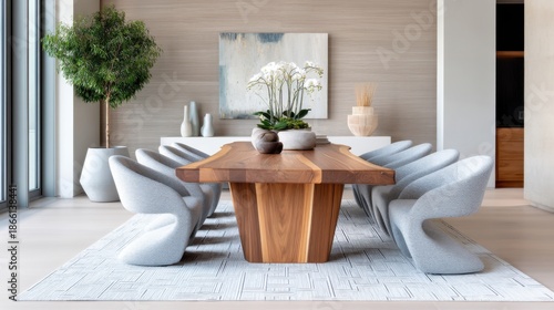 Modern dining room, centered solid wood table. Chairs fully upholstered in textured grey fabric. Walls are smooth warm microcement. A flatweave geometric