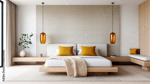 Moody bedroom, centered bed with knitted throw. Thick blackout linen curtains in taupe color. Two low hanging amber glass pendant lights on either side
