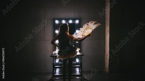 Silhouette beauty retro lady looking into mirror hand holding waving fan white white ostrich feathers. sexy woman burlesque show dancer actress back view. Flapper girl 20s roaring twenties old style