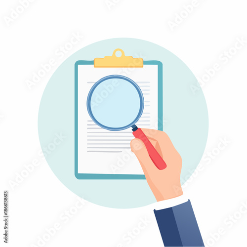 Hand Holding Magnifying Glass Over Document On Clipboard In Circle With Light Blue Background And Light Blue Highlight On Document