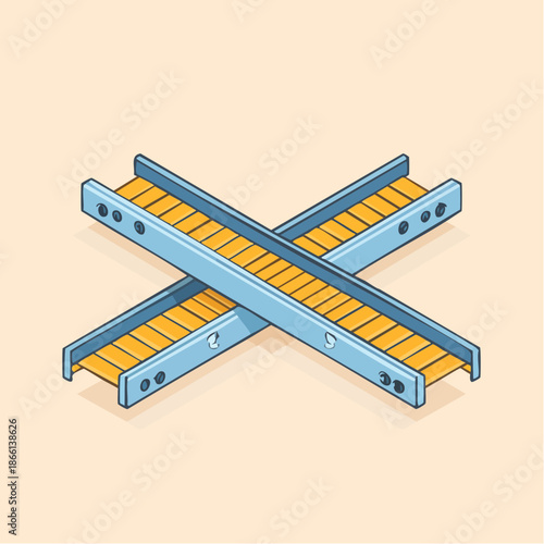 Pixel Art Industrial Conveyor Belt System Intersection With Orange Platforms And Blue Metal Frames On Beige Background