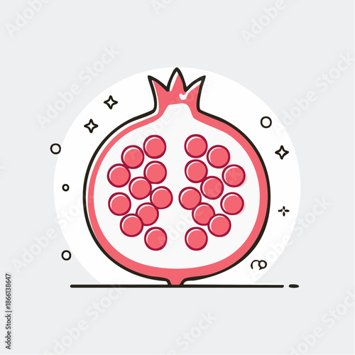 Stylized Half Pomegranate Fruit with Bright Pink Seeds on White Circular Background with Decorative Elements and Outline