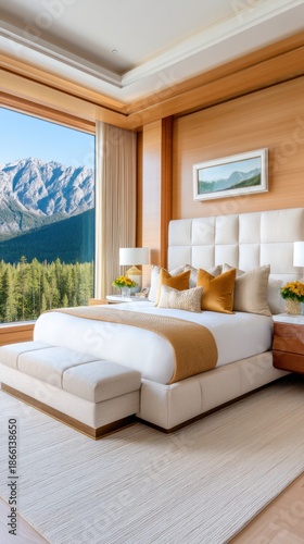 Opulent bedroom suite, centered large plush bed with oversized headboard, tall window view of majestic rocky mountains, soft morning light, luxurious textures