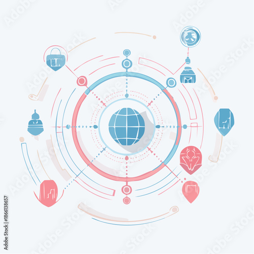 Abstract Digital Network Technology Globe with Interconnected Data Points and Futuristic Interface Elements in Soft Pastel Colors and Clean Lines