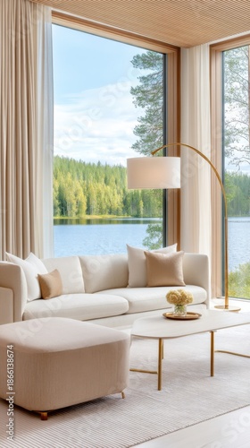 Nature retreat living room, centered beige soft sofa, brass lamp, tall window view of calm forest lake in summer, warm diffused light, serene luxury