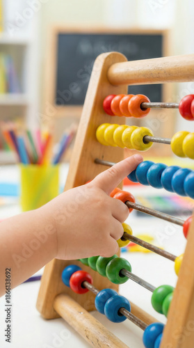 Child learning with colorful abacus in classroom setting for early education concepts