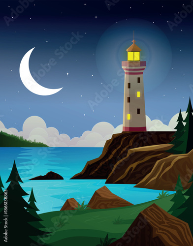 Night lighthouse on rocky coast under crescent moon