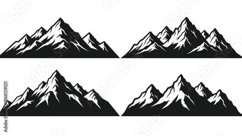 Black mountain silhouettes collection showing alpine peaks and ridges isolated on white background vector illustration nature landscape design elements set