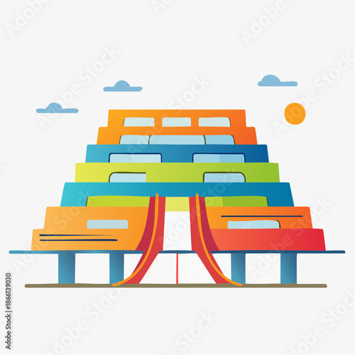 Vibrant Multi Colored Mesoamerican Pyramid Structure Under Bright Orange Sun and Blue Sky