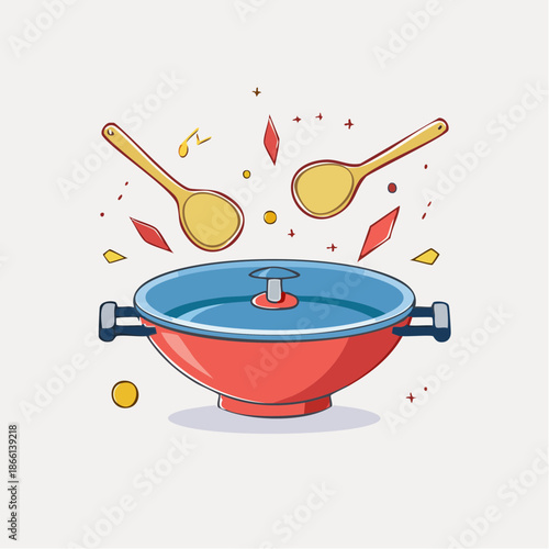 Whimsical Cartoon Wok With Wooden Spoons And Floating Embers On A Light Background