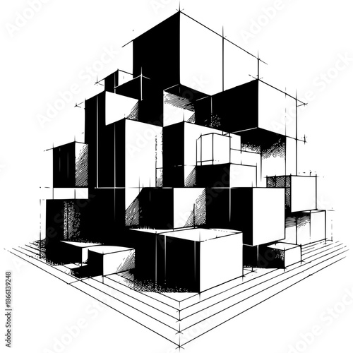 Architectural Cubism: A stylized architectural design with a series of interconnected cubic forms, offering a study in light, shadow, and geometric arrangement.