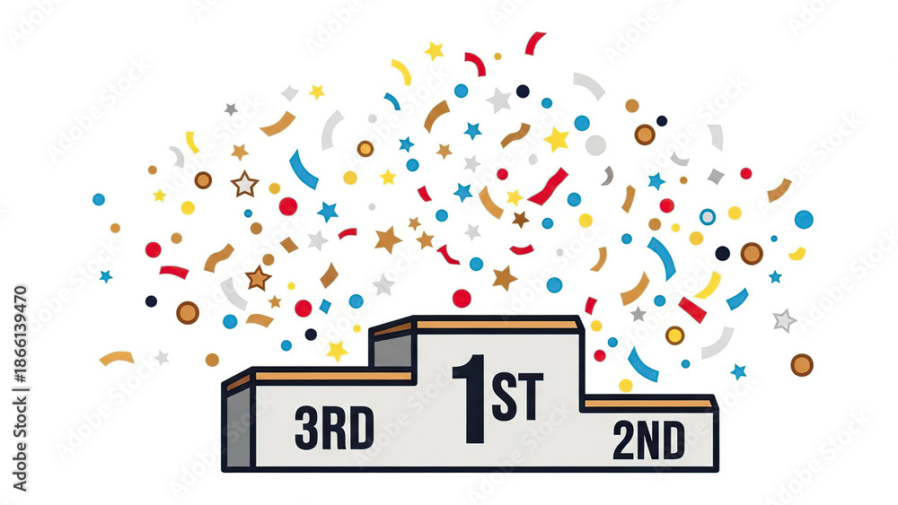 Obraz premium Illustration of a podium, celebrating achievement with colorful confetti. This graphic is suitable for various concepts, including awards, competitions, and success in white background.