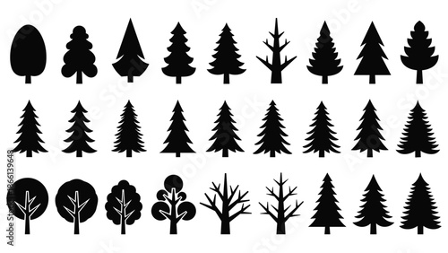 Collection of black tree silhouettes vector set isolated forest icons including pine oak deciduous evergreen minimalist nature design elements