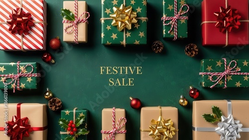 Overhead view of beautifully wrapped christmas gift boxes and decorations arranged around festive sale text on dark green background