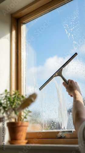 Window cleaning scene with squeegee and blue sky in background