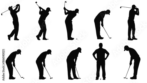 Set of black golfer silhouettes vector collection showing golf swing putting poses isolated sports icons minimalist athletic design elements
