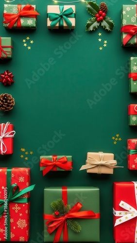 Christmas festive vertical banner with gift boxes and holly on a green background with copy space