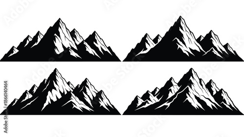 Set of black mountain silhouettes vector collection isolated alpine peaks landscape icons minimalist nature design elements for outdoor branding