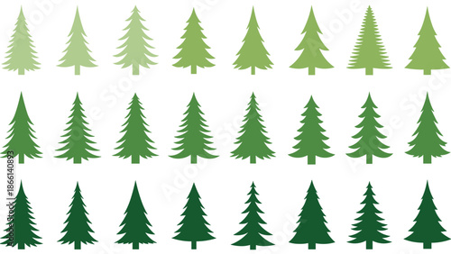 Set of green pine tree icons vector collection isolated evergreen forest symbols minimalist nature design elements for winter branding