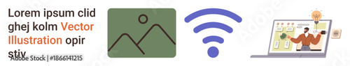 Digital communication, online learning, data sharing, wireless technology, content creation, analytics. Icons include wireless symbol, image placeholder, and a person analyzing data on a laptop