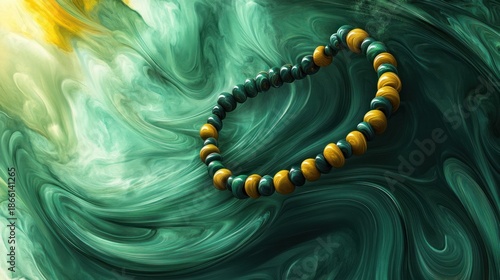 Yellow and green beaded bracelet on swirling teal and gold abstract background
