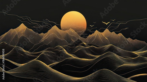 Golden mountain range at sunset, abstract landscape