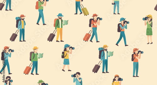 Seamless pattern of diverse tourists traveling with cameras and luggage.
