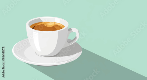 A minimalist illustration of a cup of coffee on a saucer with a long shadow.
