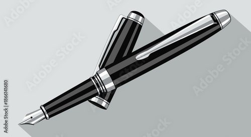 Elegant black fountain pen with chrome accents on a gray background.