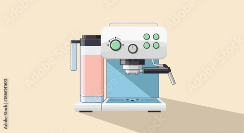 Modern espresso machine with water tank and buttons.