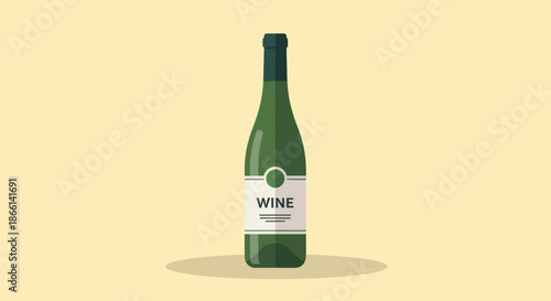 Flat design of a green wine bottle on a pale background.