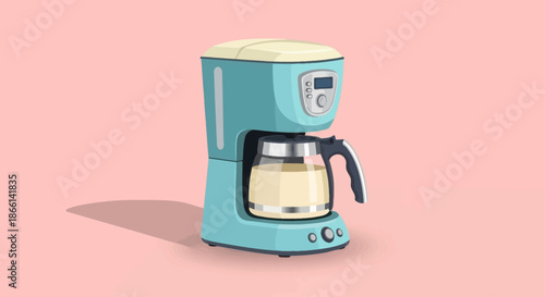 Retro teal coffee maker with glass carafe on a pink background