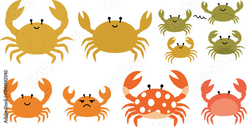 Cute crab cartoon vector set with colorful variations and facial expressions isolated on white background illustration.