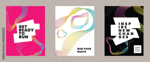 Set of modern abstract motivational posters with vibrant gradients, geometric shapes and creative typography for branding marketing