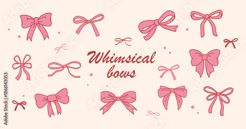 Cute Coquette Bow and Ribbon Doodle Illustration, Whimsical Vintage Girlie Design for Gift, Valentine and Holiday Decor