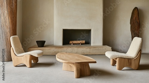 Light-filled, minimalist living room featuring a cream-colored, stucco fireplace, natural wooden furniture, and a unique, organic design aesthetic