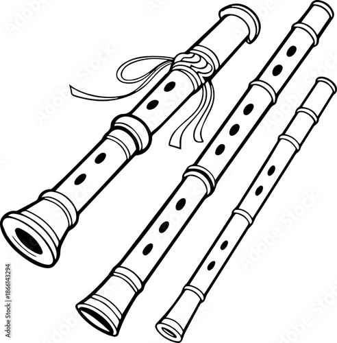Traditional Wooden Flutes Silhouette – Folk Music Wind Instruments Black Vector