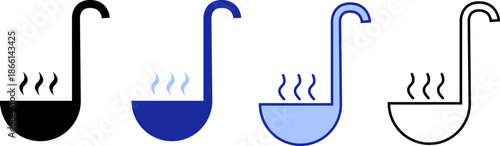 Various designs of a ladle icon with steam in different colors and styles displayed in a row for culinary themes
