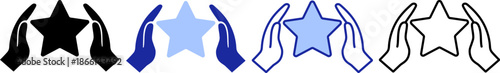 Different color versions of an icon showing hands supporting a star symbol under various designs