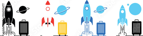 Space travel and rocket launch icon set vector illustration featuring spaceship departure, planets, and luggage symbols for astronomy, startup growth, innovation, and futuristic technology concepts