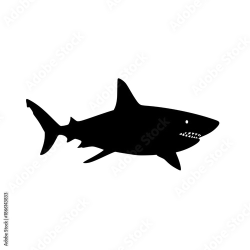 Black shark vector illustration with sharp teeth, flat design style