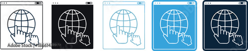 Global internet access and web navigation icon set vector illustration featuring world globe with click hand symbols for online browsing, international connectivity, and digital interface design