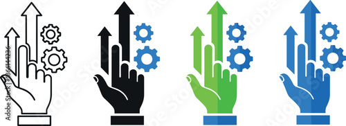 Business growth and process optimization icon set vector illustration showing hands with upward arrows and gears for productivity improvement, automation, and performance management concepts