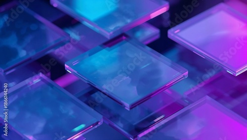 Abstract 3D glassmorphism background with floating frosted glass cards and neon blue magenta glow