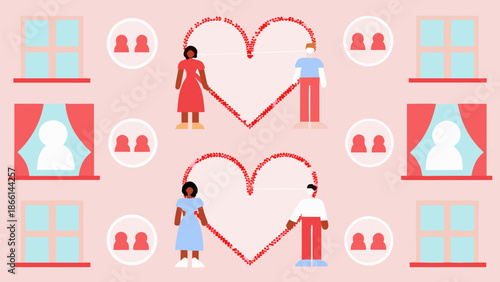 Vibrant illustration of diverse couples forming heart shapes with people