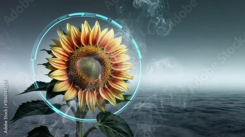 sunflower surrounded by blue techno circle with moving smoke on dark futuristic background video