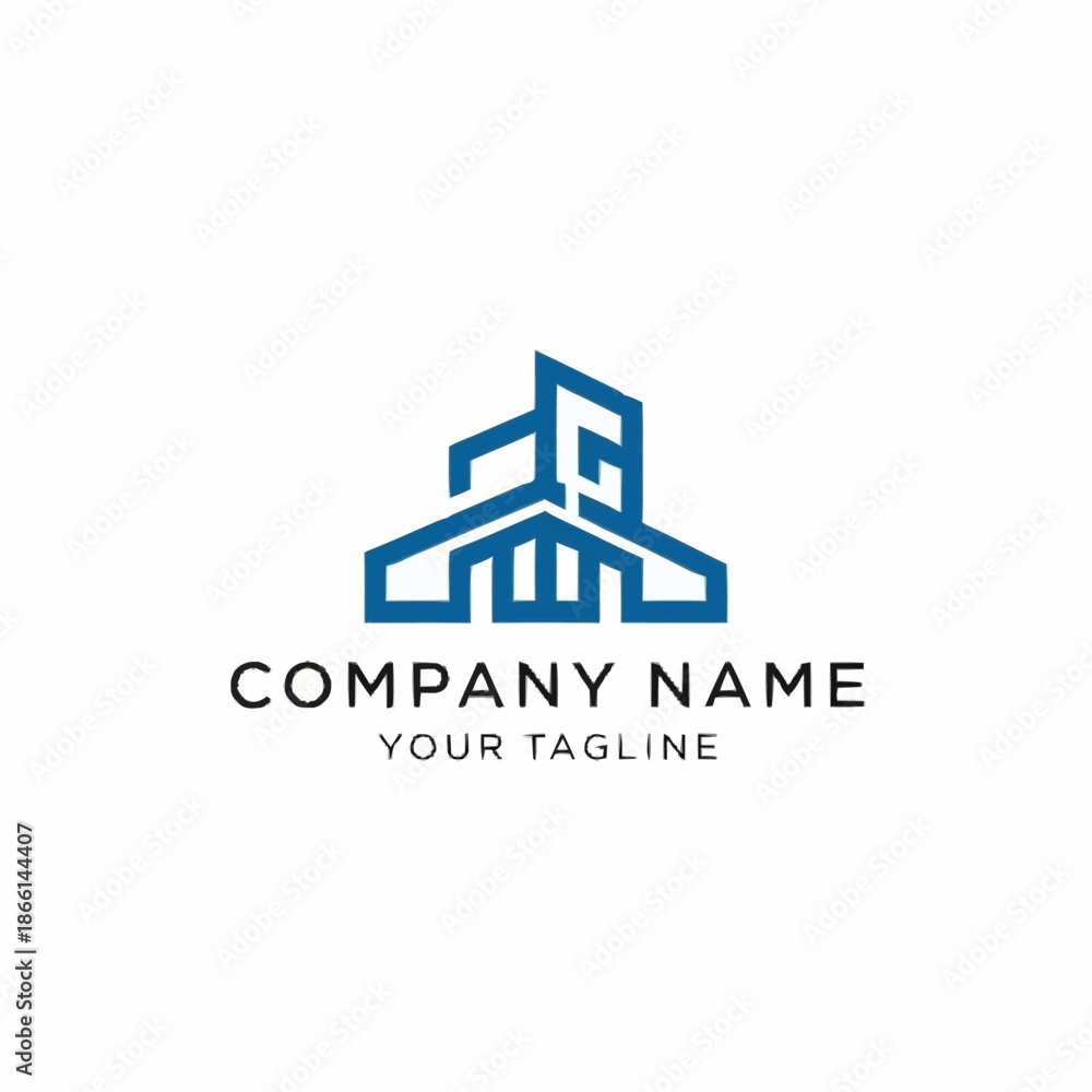 Fototapeta premium Modern blue line art building logo design for company branding.